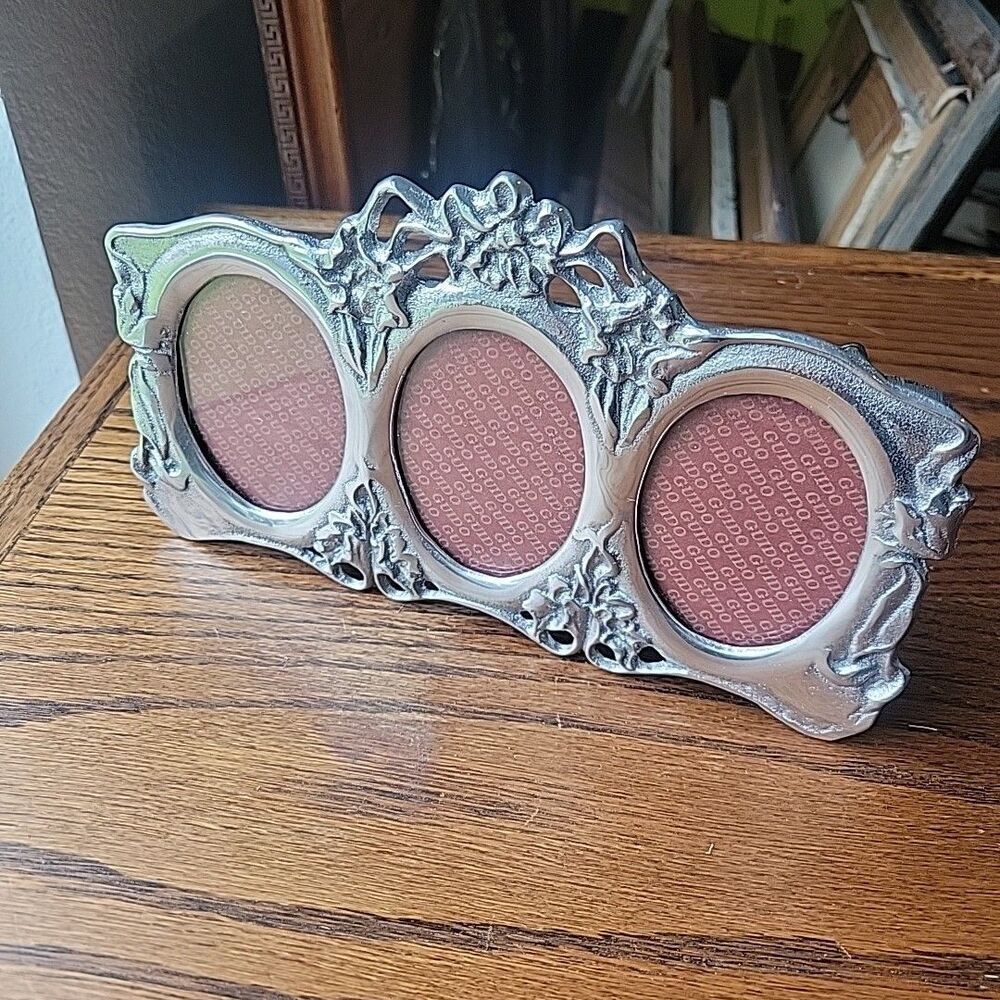 Vtg Art Nouveau Style Photo Frame Flowers 3 Oval Pictures Silver Cast Metal